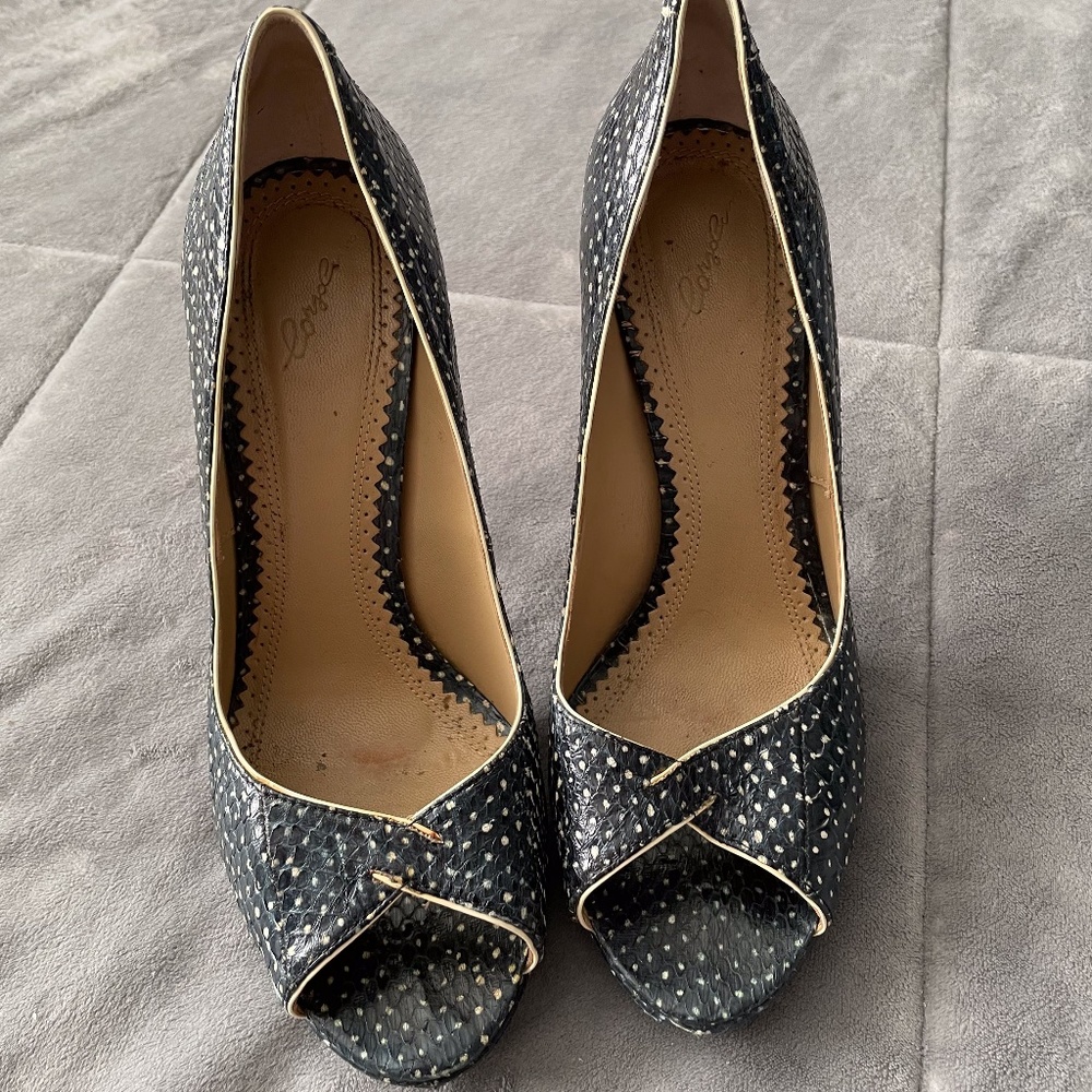 Corso Como Italian Leather Heels In Size E 37,5  Dark Blue/ White dots, Open Toe